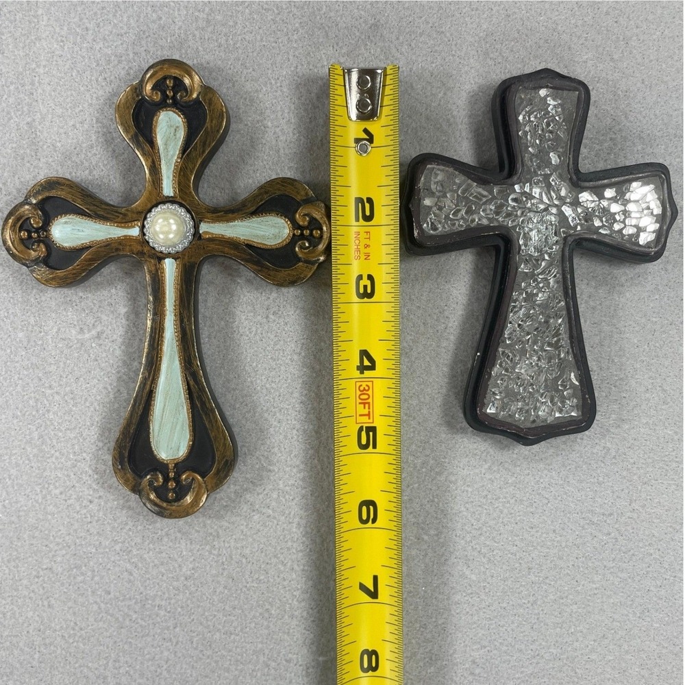 Wall Cross Set Ornate & Crushed Glass Bronze Silver OS